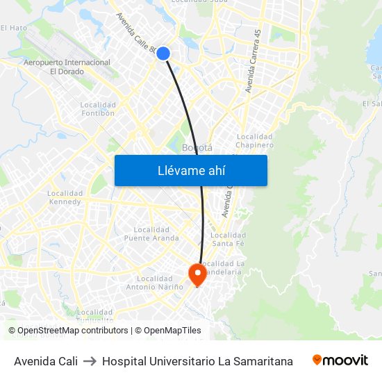 Avenida Cali to Hospital Universitario La Samaritana map