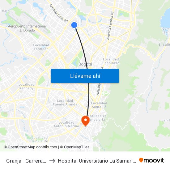 Granja - Carrera 77 to Hospital Universitario La Samaritana map