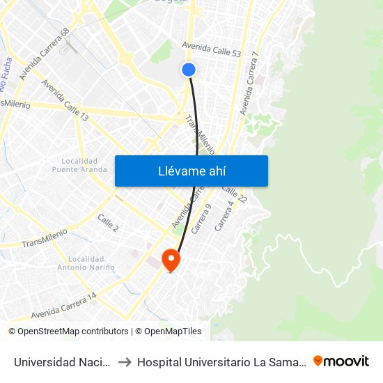 Universidad Nacional to Hospital Universitario La Samaritana map