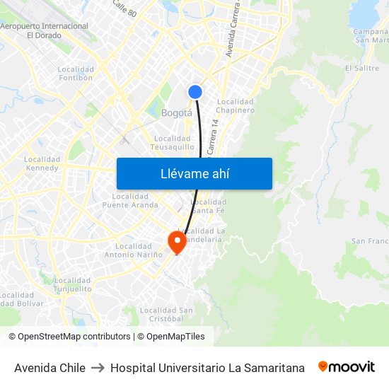 Avenida Chile to Hospital Universitario La Samaritana map