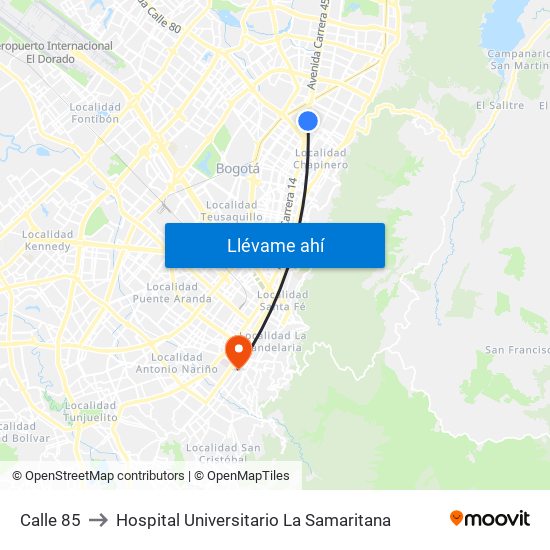 Calle 85 to Hospital Universitario La Samaritana map