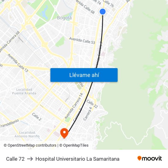 Calle 72 to Hospital Universitario La Samaritana map