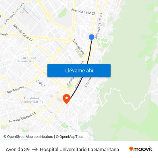 Avenida 39 to Hospital Universitario La Samaritana map