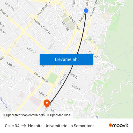 Calle 34 to Hospital Universitario La Samaritana map