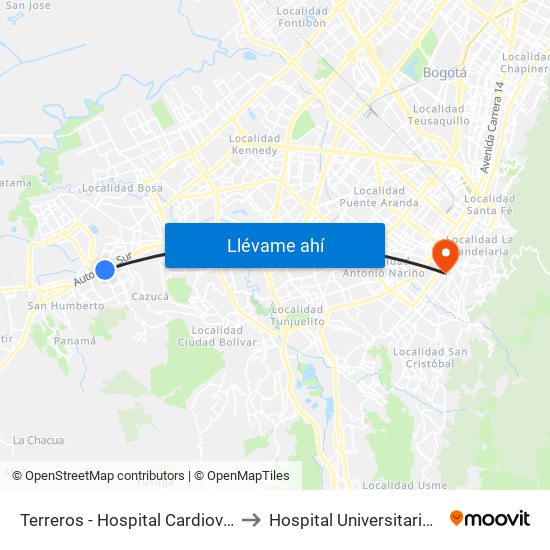 Terreros - Hospital Cardiovascular (Lado Sur) to Hospital Universitario La Samaritana map