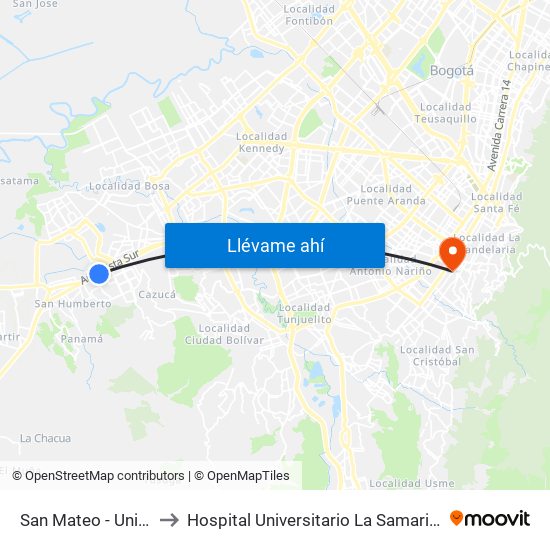 San Mateo - Unisur to Hospital Universitario La Samaritana map