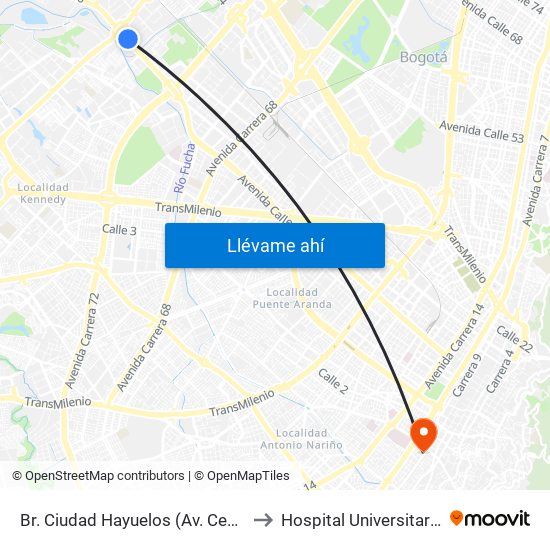 Br. Ciudad Hayuelos (Av. Centenario - Av. C. De Cali) to Hospital Universitario La Samaritana map