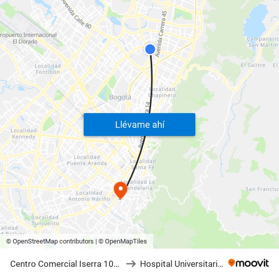 Centro Comercial Iserra 100 (Ac 100 - Kr 54) (B) to Hospital Universitario La Samaritana map