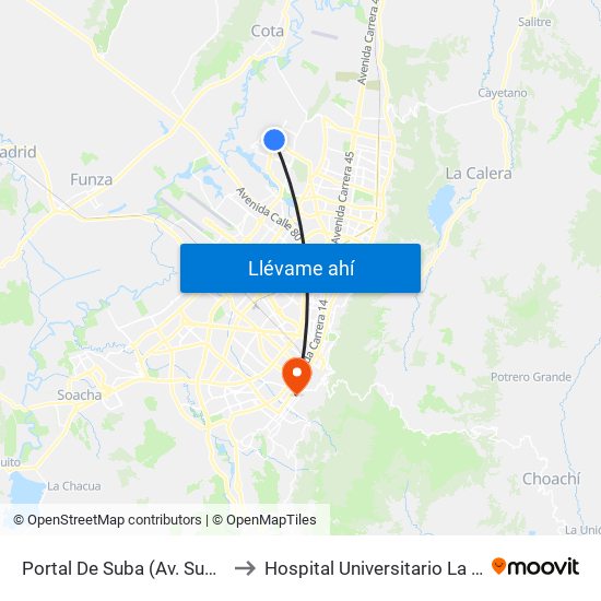 Portal De Suba (Av. Suba - Kr 106) to Hospital Universitario La Samaritana map