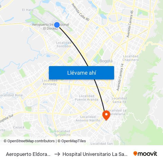 Aeropuerto Eldorado (B) to Hospital Universitario La Samaritana map