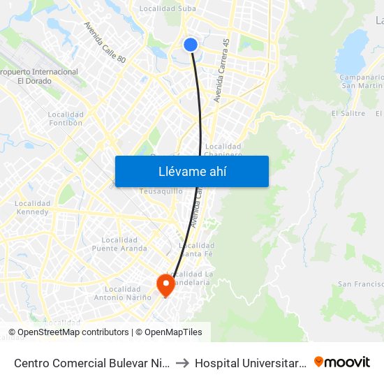 Centro Comercial Bulevar Niza (Ac 127 - Av. Suba) to Hospital Universitario La Samaritana map