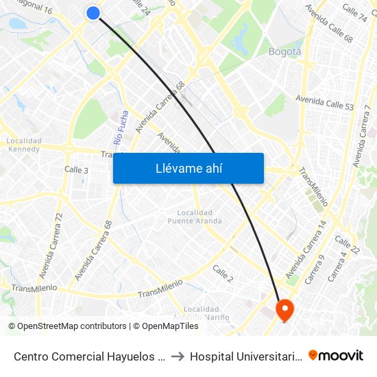 Centro Comercial Hayuelos (Av. C. De Cali - Cl 20) to Hospital Universitario La Samaritana map