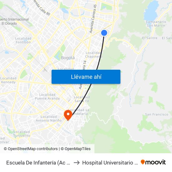 Escuela De Infantería (Ac 100 - Kr 11a) (B) to Hospital Universitario La Samaritana map