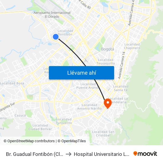 Br. Guadual Fontibón (Cl 17 - Kr 96h) to Hospital Universitario La Samaritana map