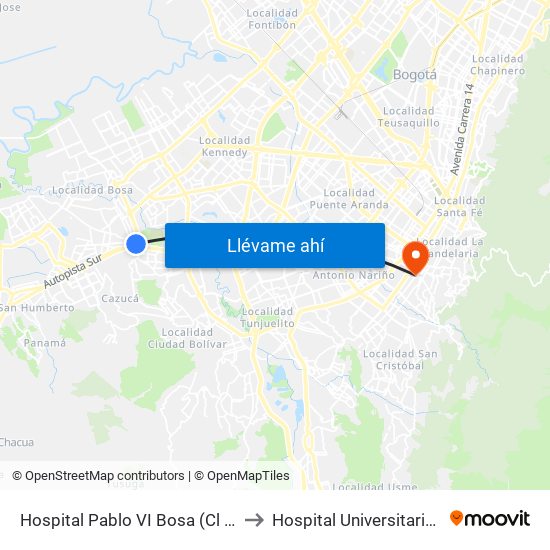 Hospital Pablo VI Bosa (Cl 63 Sur - Kr 77g) (A) to Hospital Universitario La Samaritana map