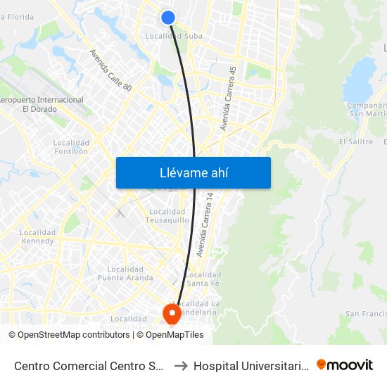 Centro Comercial Centro Suba (Av. Suba - Kr 91) to Hospital Universitario La Samaritana map