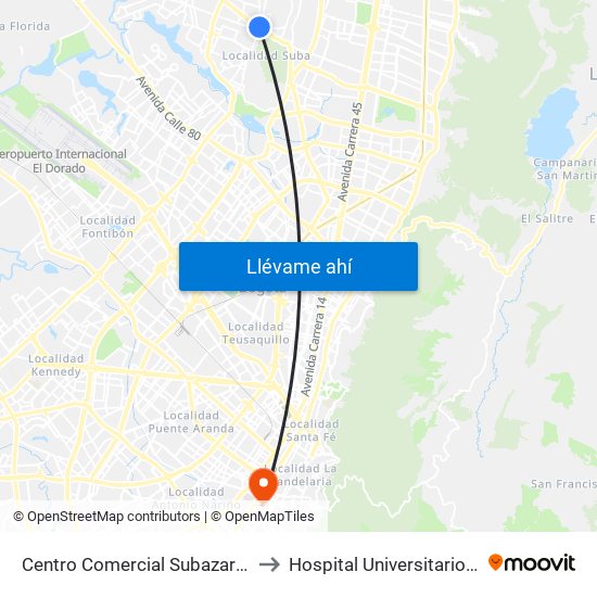 Centro Comercial Subazar (Av. Suba - Kr 91) to Hospital Universitario La Samaritana map