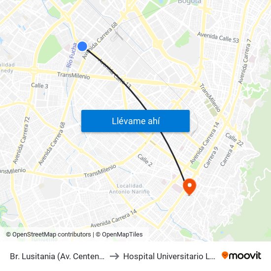 Br. Lusitania (Av. Centenario - Kr 68b) to Hospital Universitario La Samaritana map