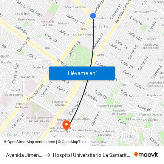 Avenida Jiménez to Hospital Universitario La Samaritana map