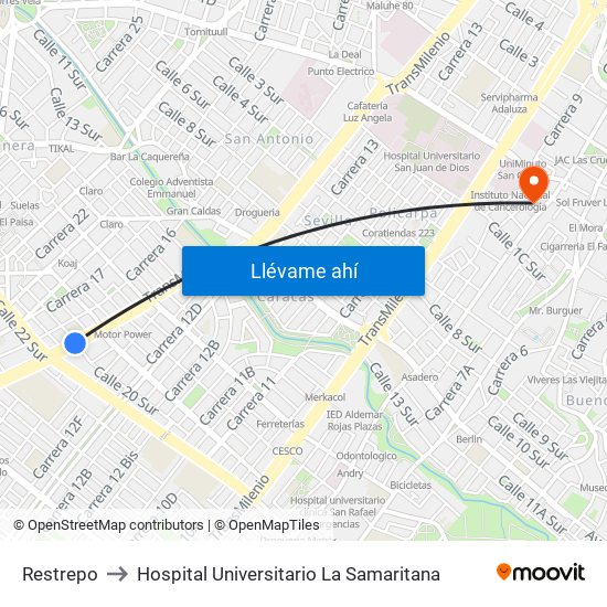 Restrepo to Hospital Universitario La Samaritana map