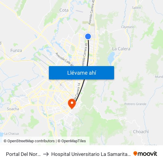 Portal Del Norte to Hospital Universitario La Samaritana map