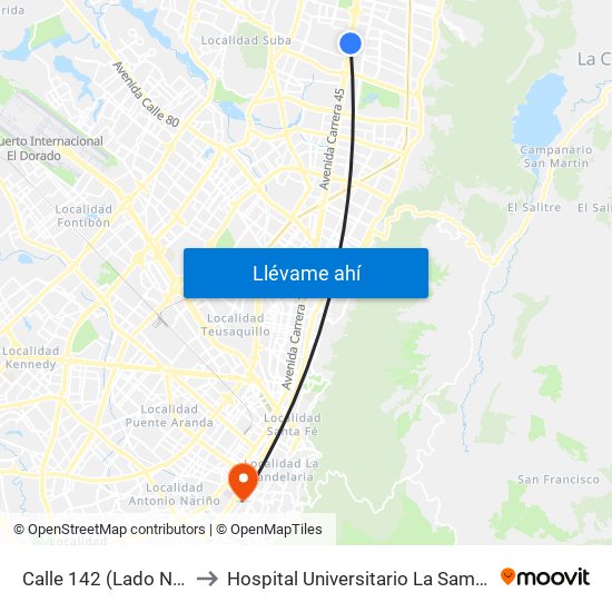 Calle 142 (Lado Norte) to Hospital Universitario La Samaritana map