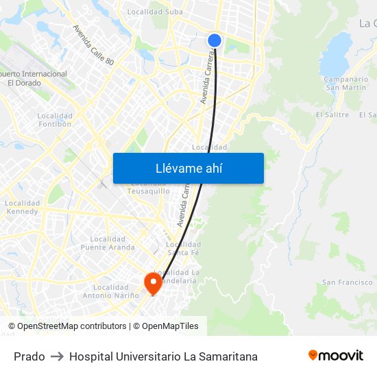 Prado to Hospital Universitario La Samaritana map