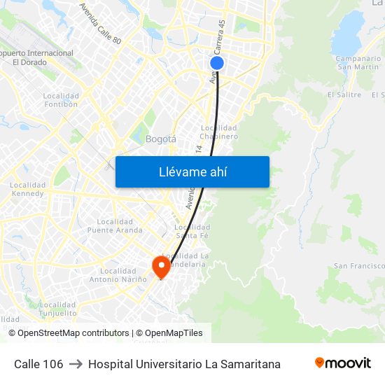 Calle 106 to Hospital Universitario La Samaritana map