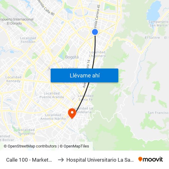 Calle 100 - Marketmedios to Hospital Universitario La Samaritana map