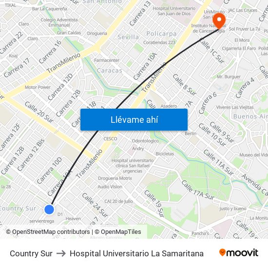 Country Sur to Hospital Universitario La Samaritana map