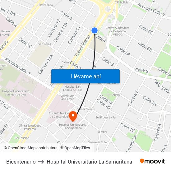 Bicentenario to Hospital Universitario La Samaritana map