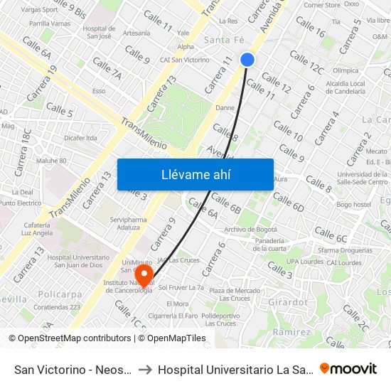 San Victorino - Neos Centro to Hospital Universitario La Samaritana map