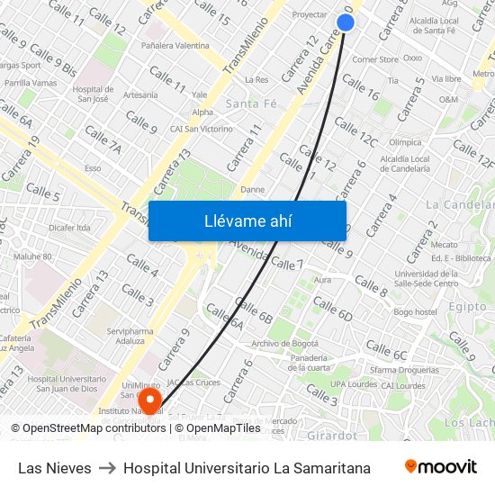 Las Nieves to Hospital Universitario La Samaritana map