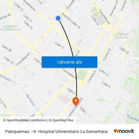 Paloquemao to Hospital Universitario La Samaritana map