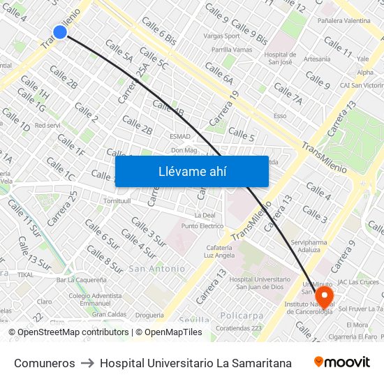 Comuneros to Hospital Universitario La Samaritana map