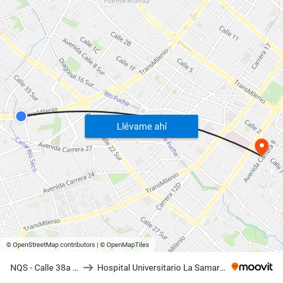 NQS - Calle 38a Sur to Hospital Universitario La Samaritana map