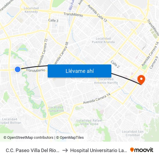 C.C. Paseo Villa Del Río - Madelena to Hospital Universitario La Samaritana map