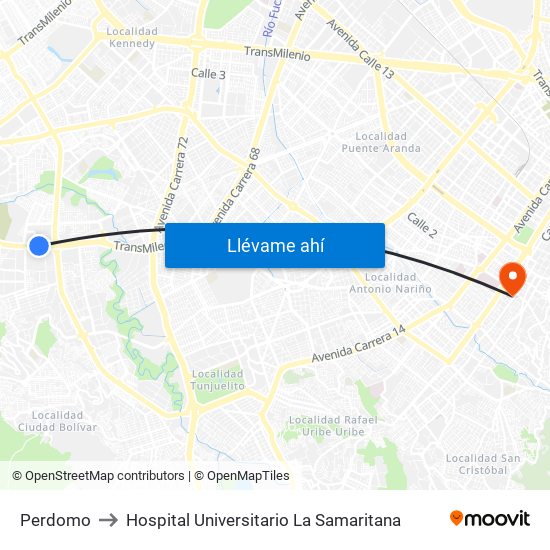 Perdomo to Hospital Universitario La Samaritana map