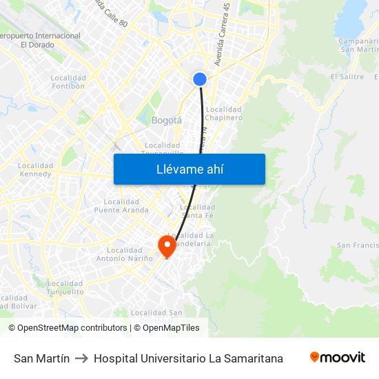 San Martín to Hospital Universitario La Samaritana map