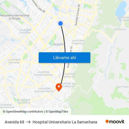 Avenida 68 to Hospital Universitario La Samaritana map