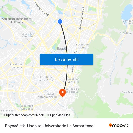 Boyacá to Hospital Universitario La Samaritana map