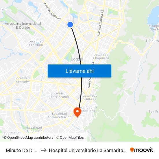 Minuto De Dios to Hospital Universitario La Samaritana map