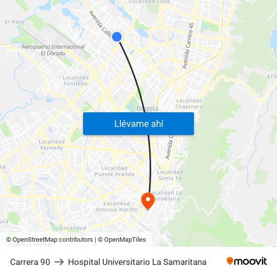 Carrera 90 to Hospital Universitario La Samaritana map