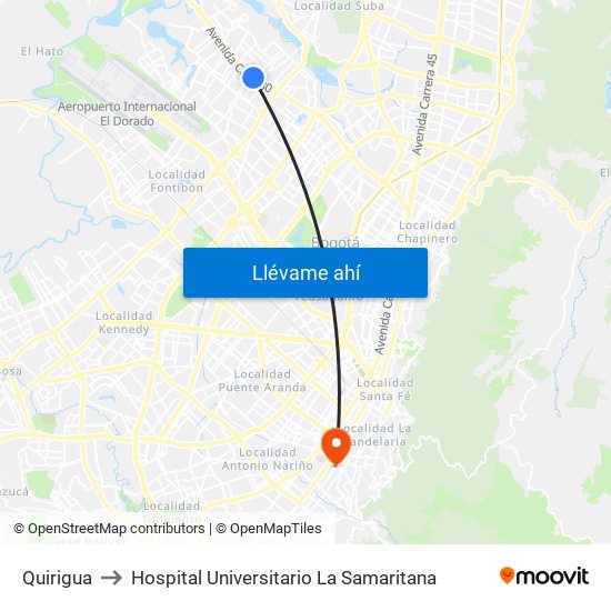 Quirigua to Hospital Universitario La Samaritana map