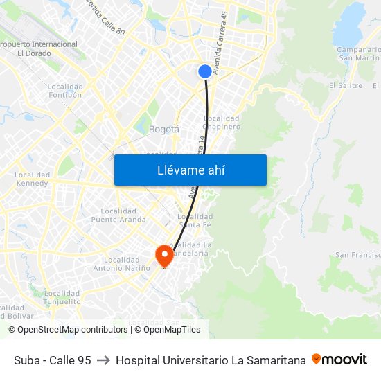 Suba - Calle 95 to Hospital Universitario La Samaritana map