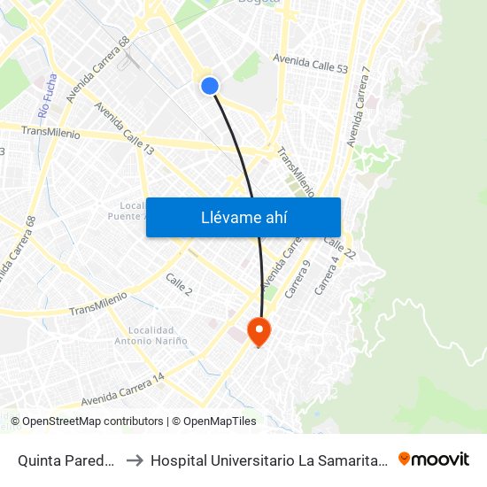 Quinta Paredes to Hospital Universitario La Samaritana map