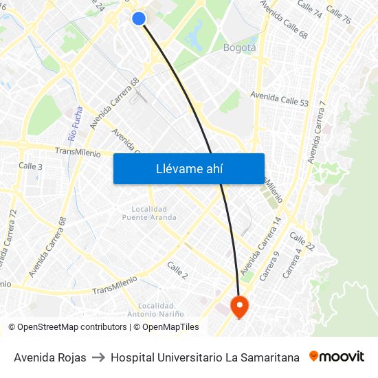 Avenida Rojas to Hospital Universitario La Samaritana map