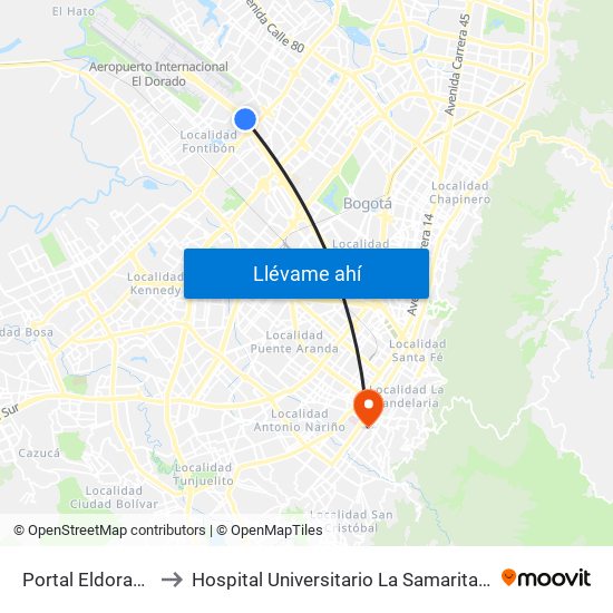 Portal Eldorado to Hospital Universitario La Samaritana map