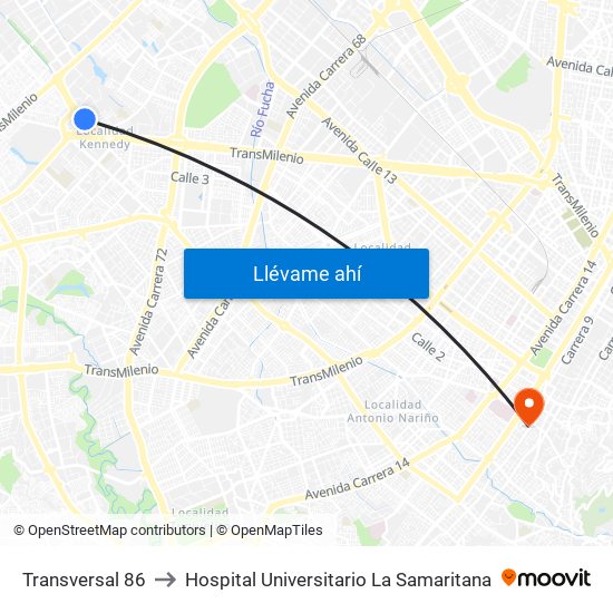 Transversal 86 to Hospital Universitario La Samaritana map