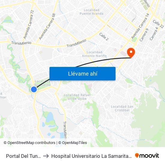 Portal Del Tunal to Hospital Universitario La Samaritana map